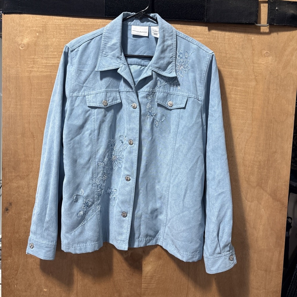 Alfred Dunner Embroidered Jacket Top Women Size 16 Blue Soft Collared Button Up
